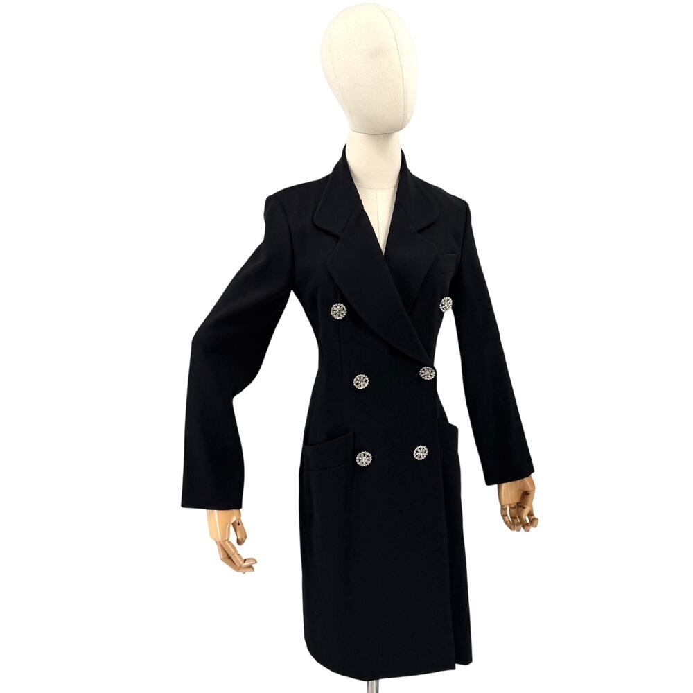 Vintage 90s Jaeger Black 100% Wool Rhinestone Button Wrap Coat Dress